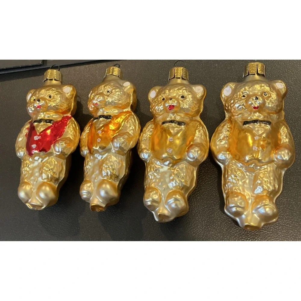 Vintage Mercury Glass 4 Golden Teddy Bear Christmas Ornament Gold Red Vest Bow